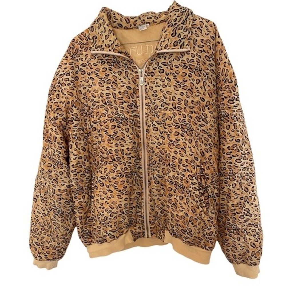 Fuda International 100% Silk Leopard Print Bomber Jacket Size Large